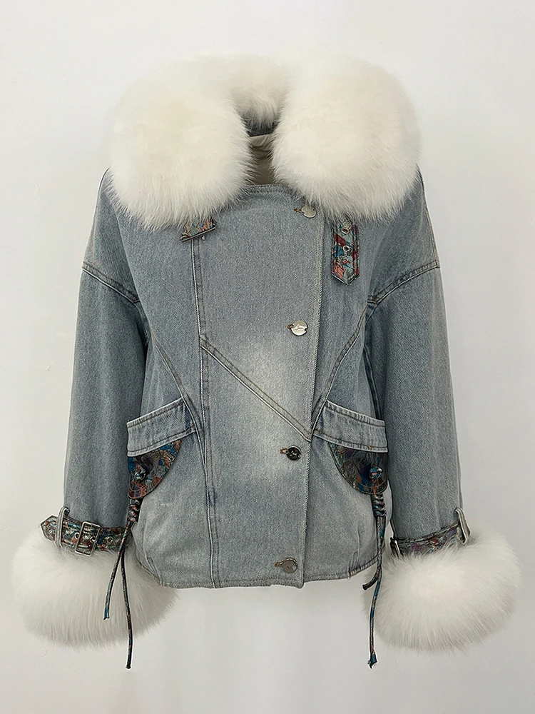2025 nuovi vestiti autunno inverno femminile vera pelliccia di volpe piumino d'oca coperchio interno giacca di jeans donna spessa pelliccia calda piumino signora