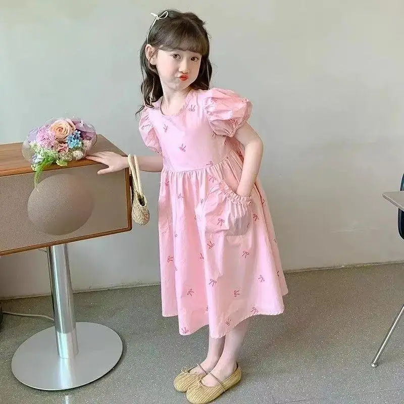 Dress for Girls Yellow O-Neck Fly-Sleeve Tulle Bowknot 8-12 Years Summer Elegant Sweet Style Princess Dress Kids Clothing Dress