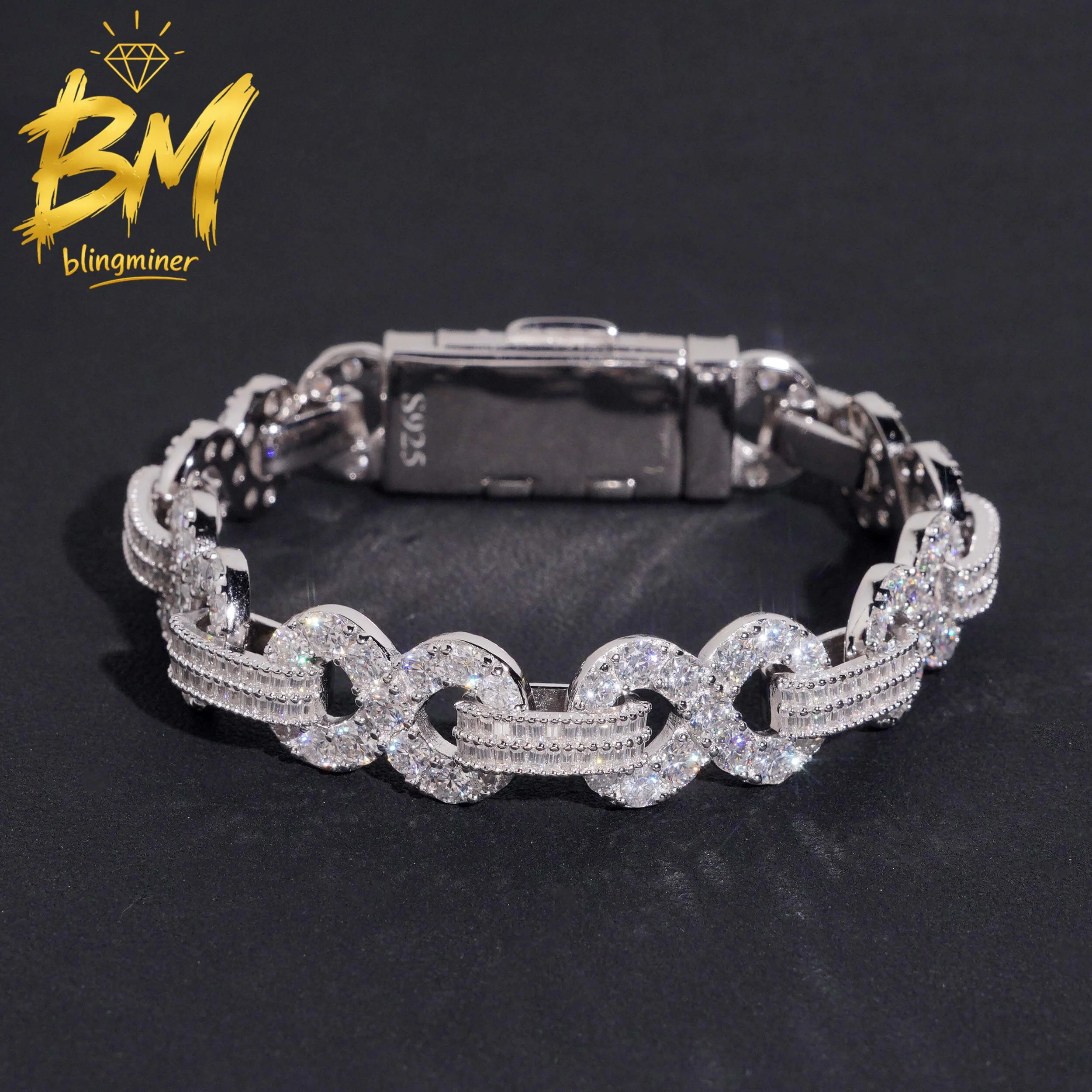 Blingminer 13mm Baugette Lock Infinite VVS Moissanite Cuban Link Bracelet For Men S925 Silver Jewelry Pass Diamonds Tester GRA