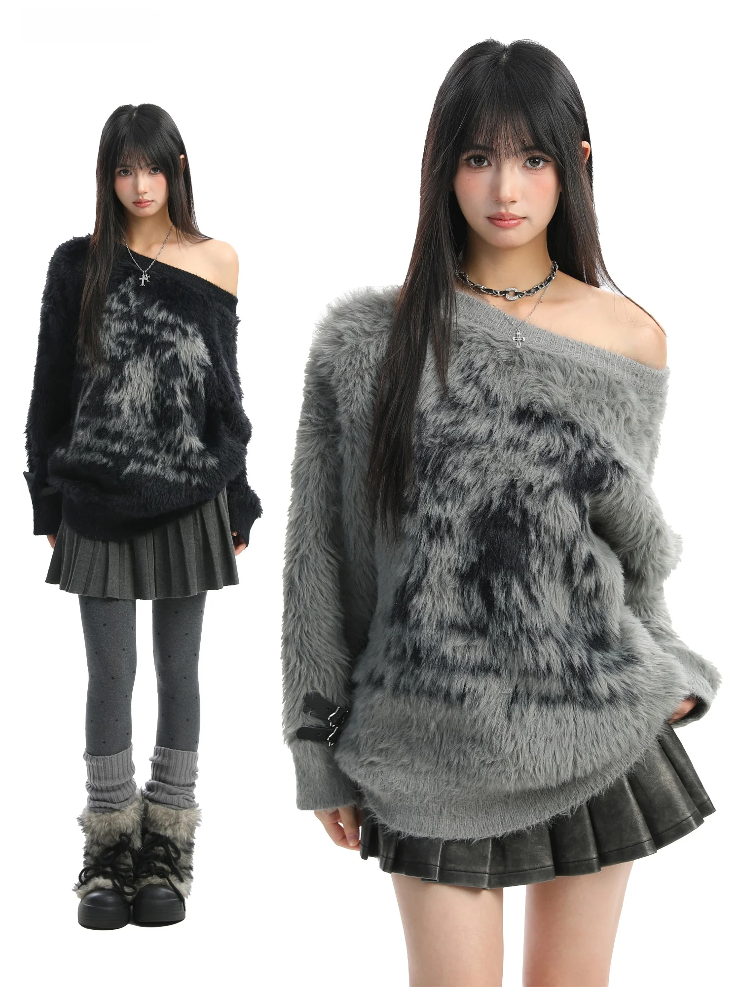 

Soft Cozy oulder Bared Knitted Sweater Women Autumn Winter Lazy Sle Hot Girl Mink Velvet Loose Fit Long Sve Thermal Top