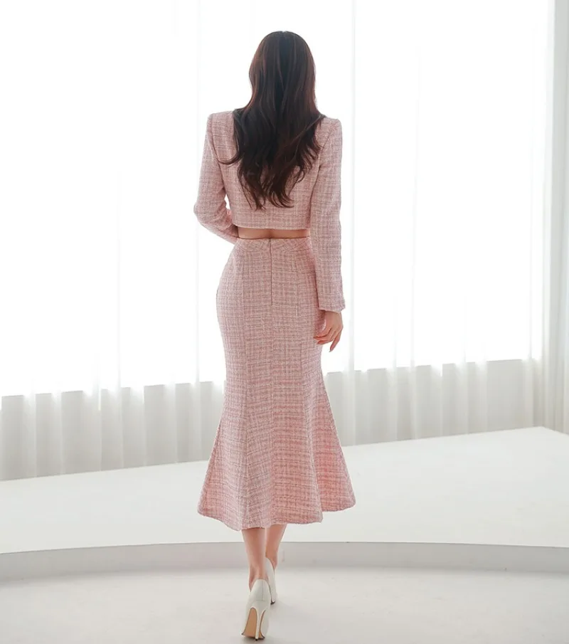 Pink Tweed Jacket + Trumpet Skirts Women Korean Chic Elegant Two Piece Sets Business Square Neck Evening Party Skirts Sets