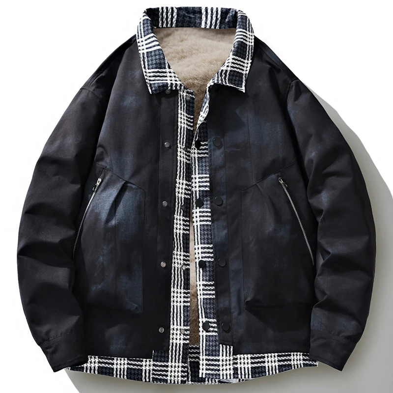 

Autumn and Winter Plus Velvet Fake Two Piece Denim Jacket for Men, 8XL Versatile Patchwork Plaid Loose Tie Dye Oversized Jacket