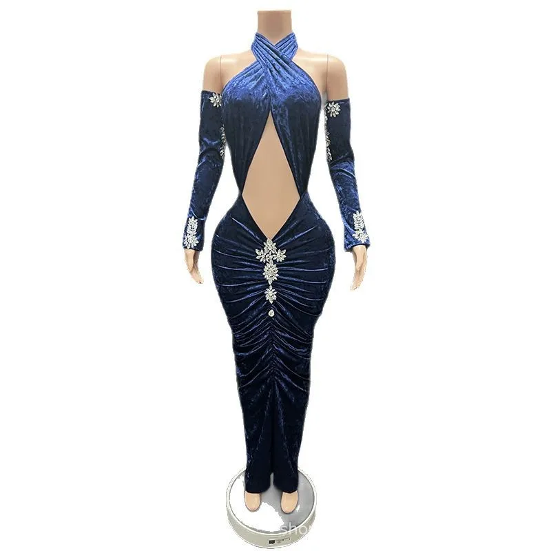 

Premium Blue Velvet Cross Neck Temperament Dress Banquet Host Evening Dress Model Catwalk Vestidos Largos Elegantes Fiesta Mujer