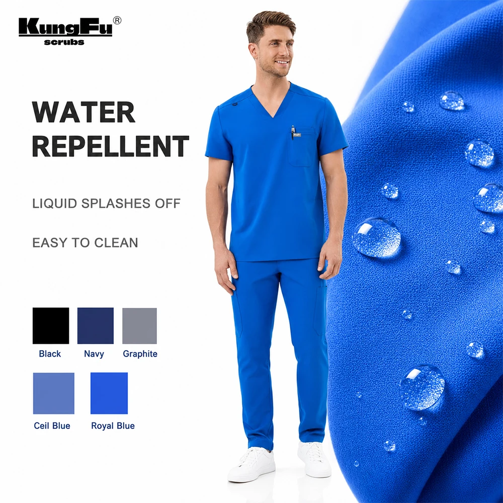 KUNGFU SCRUBS Mens Uniforms Medical Surgical Scrubs Set Short Sleeve V-Neck Top & Pants Soft Breathable Stretch Nursing Workwear
