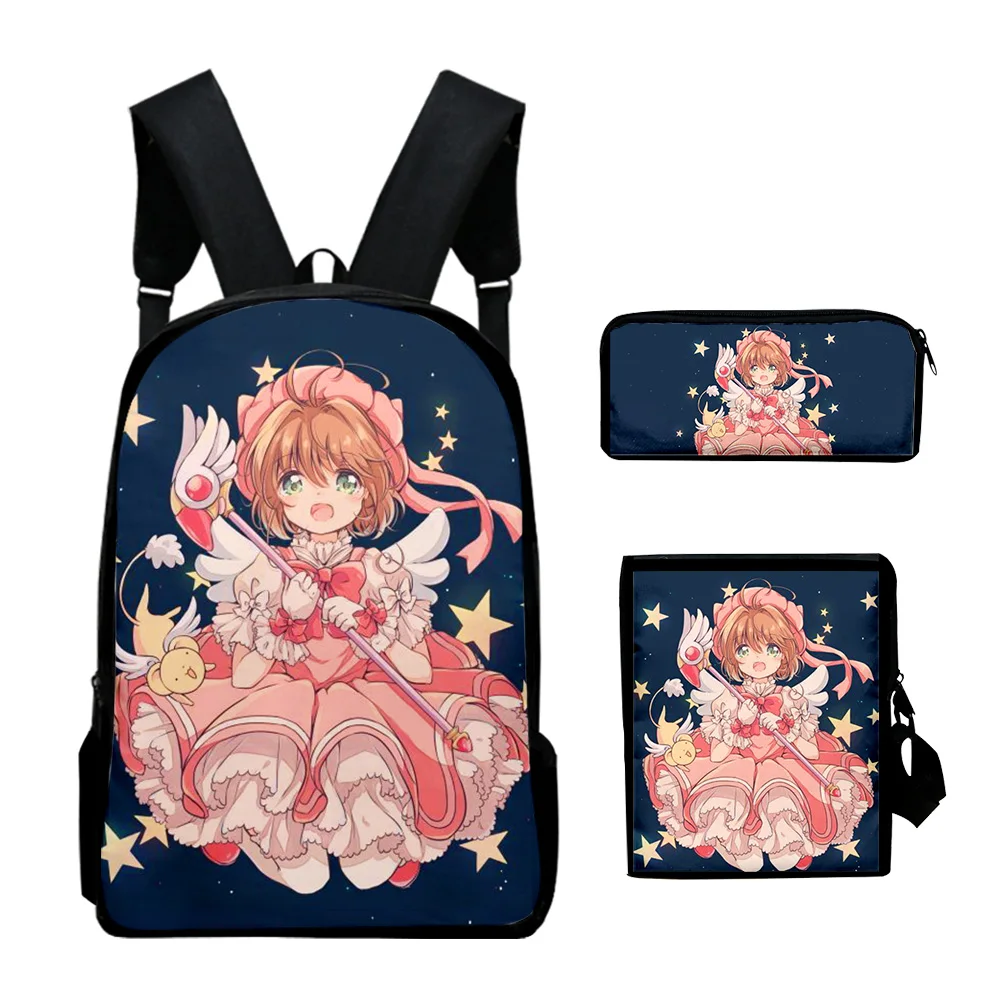 Harajuku popular cardcaptor sakura impressão 3d 3 pçs/set aluno sacos de escola portátil mochila mochila ombro inclinado caso lápis