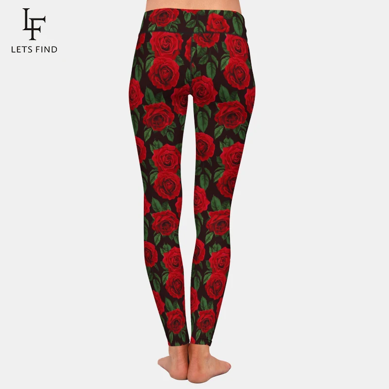 LETSFIND-mallas con estampado de rosas rojas para mujer, Leggings de cintura alta de poliéster para Fitness, nueva moda