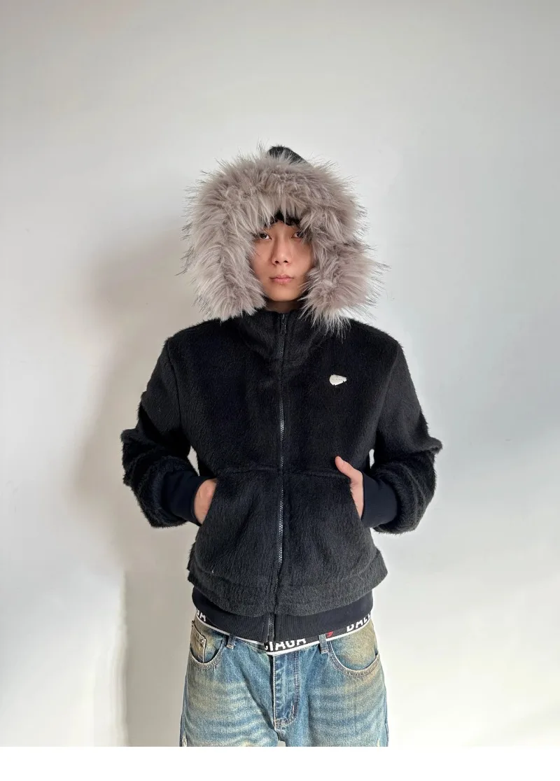 2025 Autumn Winter New American Retro Fur Collar Hooded Sweatshirt Short Casual Zipper Fashion Trendy Jacket Unisex