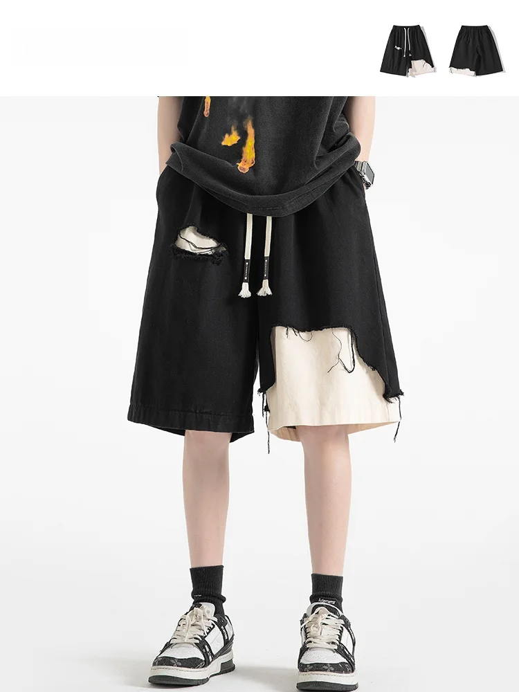 

Мужские летние молодежные модные брюки-карго в стиле ретро с эффектом потертости, свободные, широкие, повседневные, универсальные, длиной до колена