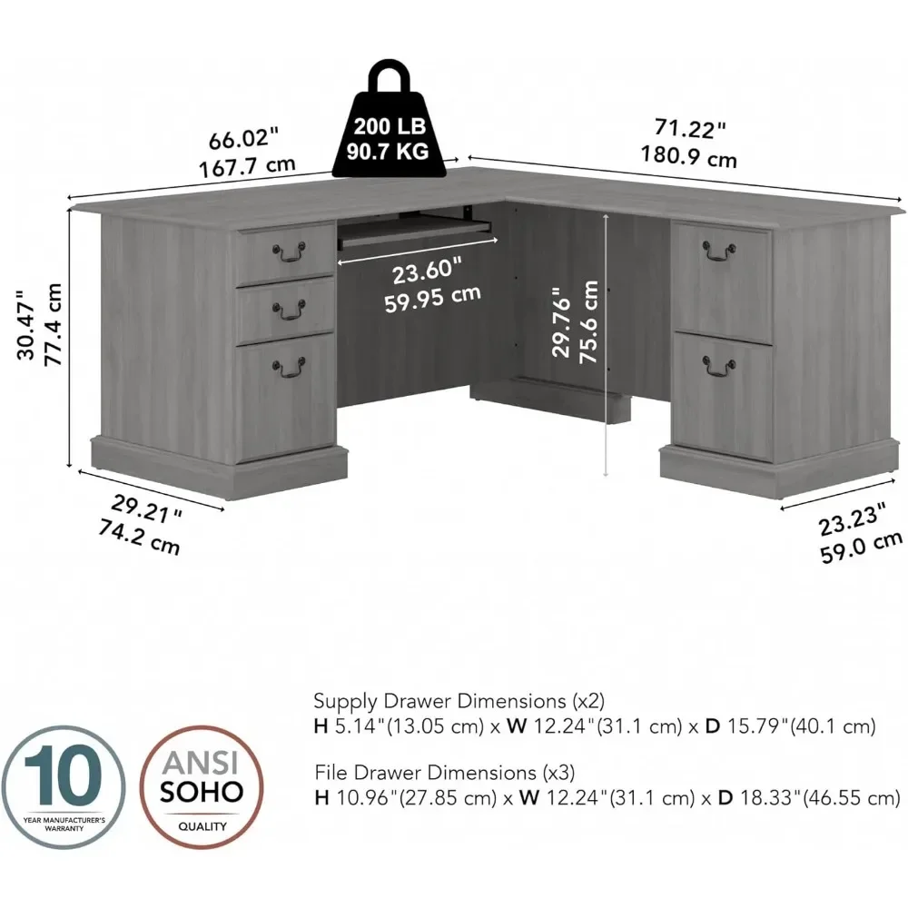 Saratoga-Mesa do computador em forma de L com gavetas, 66 ", cinza moderno