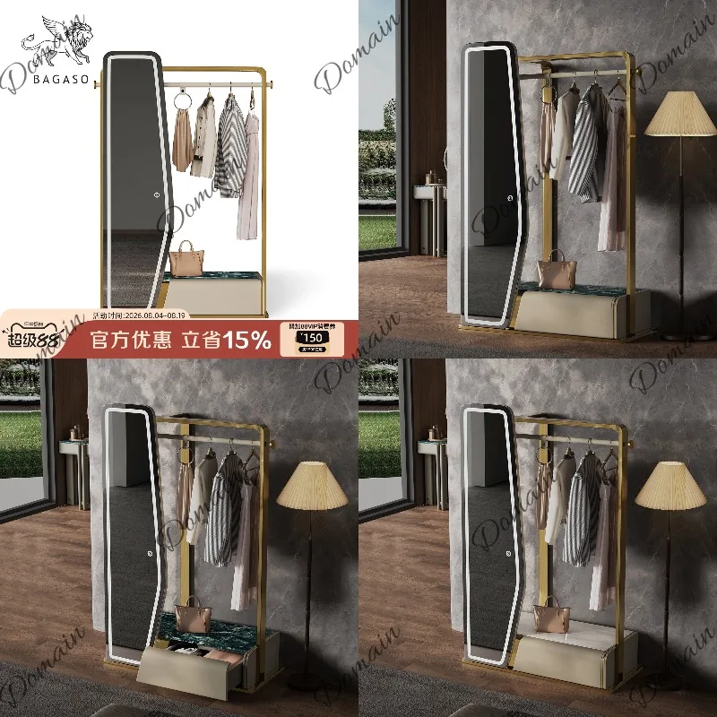 Light Luxury Coat Rack with Mirror, Full Length Mirror & Storage Cabinet, Bedroom Entryway Clothes Stand Organizer