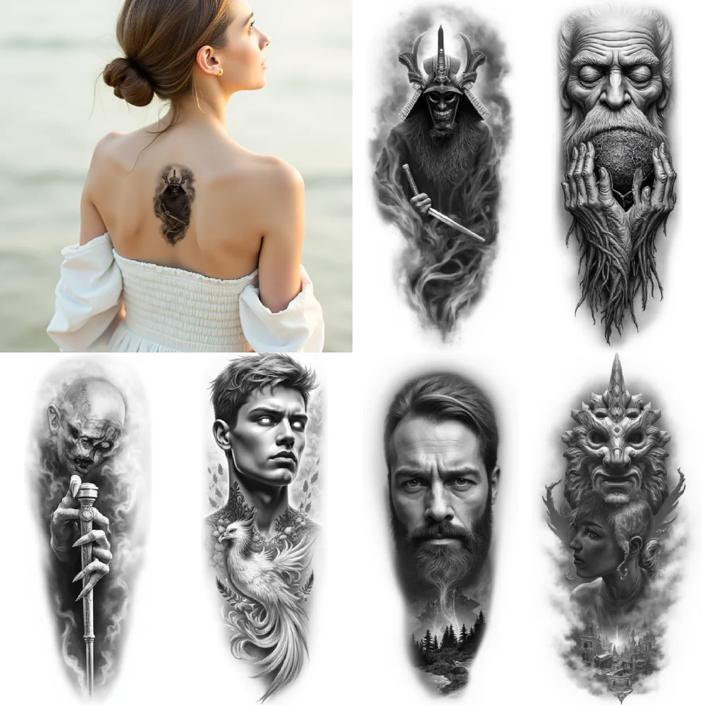 

12pcs Temporary Tattoo Viking Warrior Black And Grey Realism Roman Soldier Hooded Monk Realistic Temporary Tattoos For Men