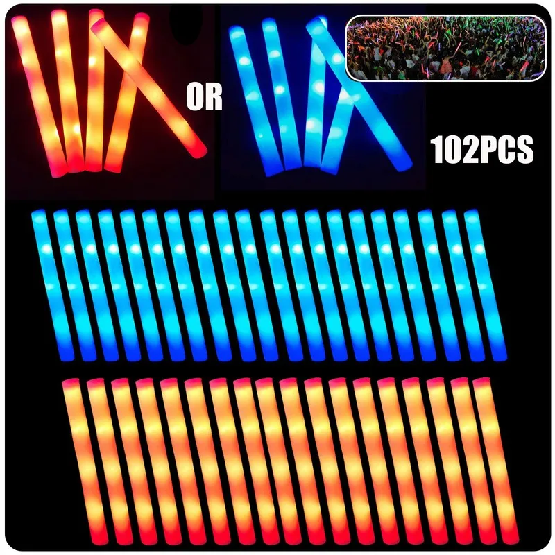 

102Pcs LED Colorful Glow Cheer Tube Stick Camping Glow Sticks Dark Light Party Bulk Decoration Wedding Sticks Foam Supplies