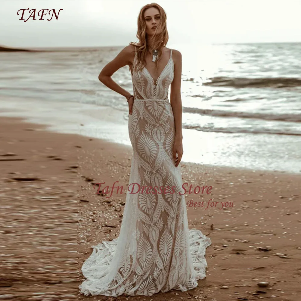 

TAFN Bohemian Spaghetti Straps Wedding Dresses V-Neck Sleeveless Backless Bridal Gown Sweep Train A-line Beach vestido de novia