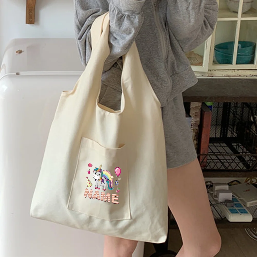 اسم مخصص حقيبة قماش الكتف المحمولة مع جيوب جانبية حقيبة تسوق عارضة تخزين حزمة أكياس ركاب جيب مزدوج #5