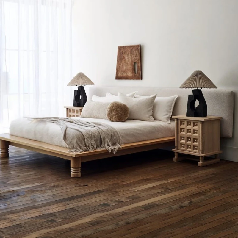 Vintage white wax wood solid wood bed homestay natural wood color tatami