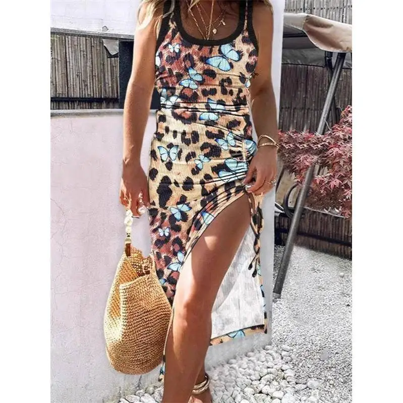 Sexy Hollow out Print  Dr with Slit And Bow Tie Design Summer Low Cut Strapl Dr for Young Women Casual Wear