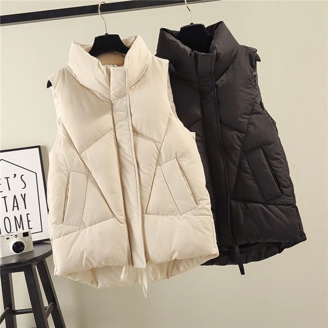 

2021 New Women's Autumn Winter Down Cotton Vest Outer Coat Versatile Girl Leisure Vest Student College Fashion White