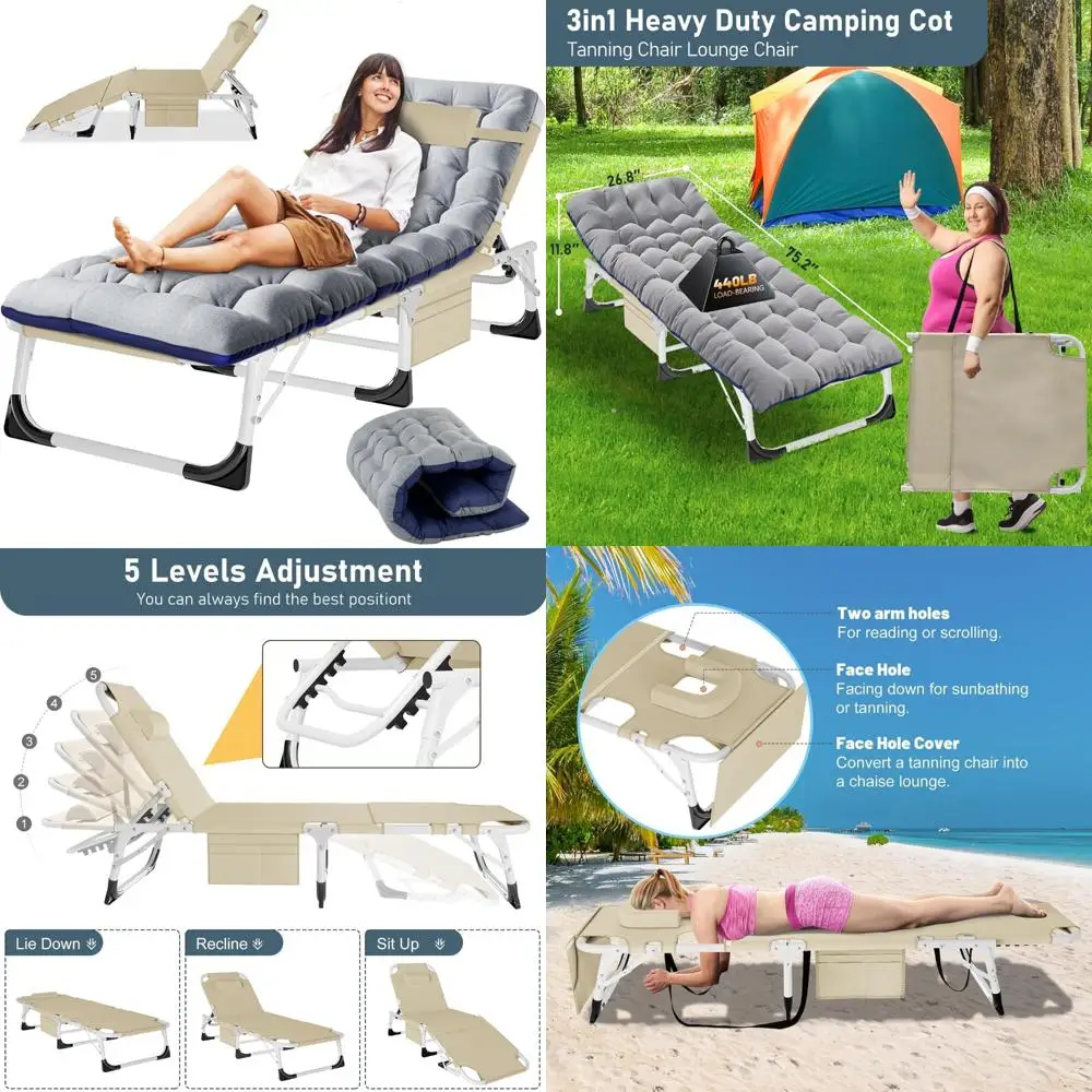 Adult Portable Folding Chaise Lounge Chairs Outdoor - 5-Position Beach Cot Bed Lounger for Relaxation