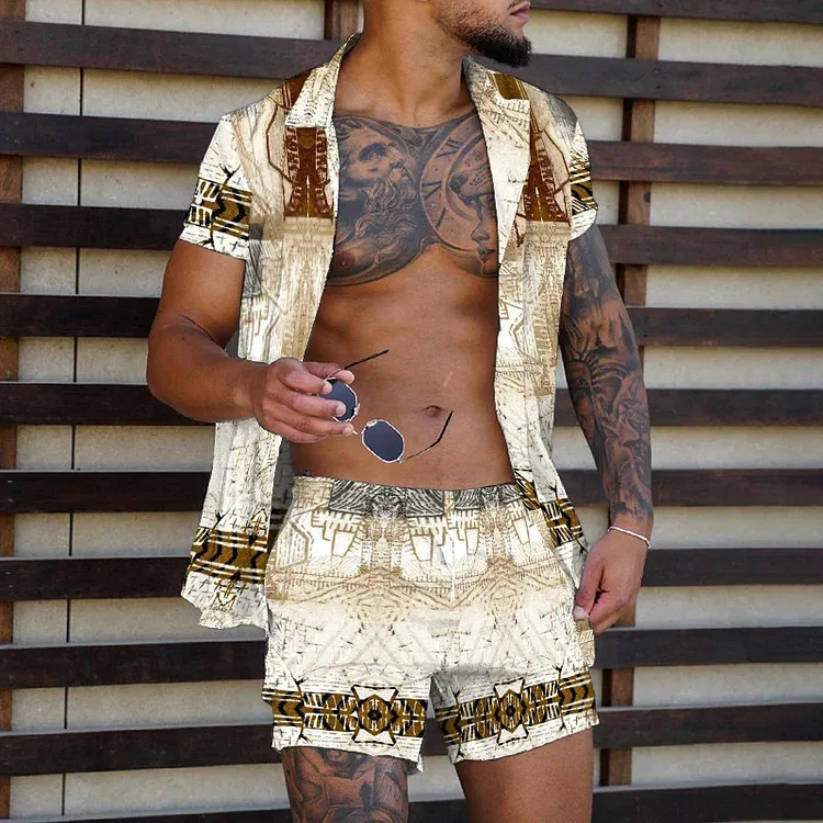 Men Shirt Sets 3D Printed Retro Gold Chain Stripe Pattern Short Sleeve Casual Shirt Oversized Beach Shorts Summer Hawaiian Suits