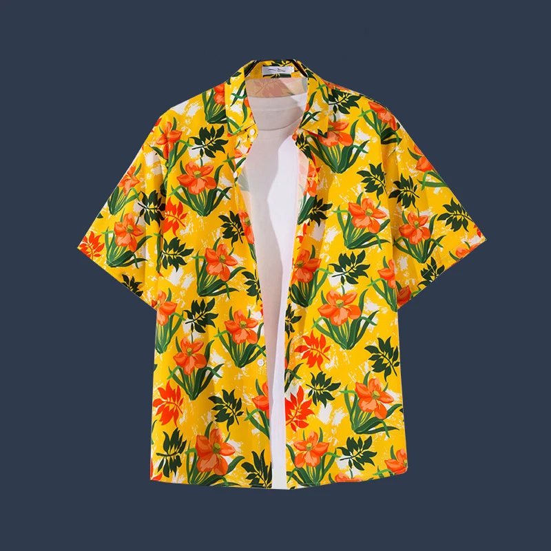 Men's beach vacation versatile floral shirt men short-sleeved ins handsome Hawaiian retro style loose beach casual shirt jacket