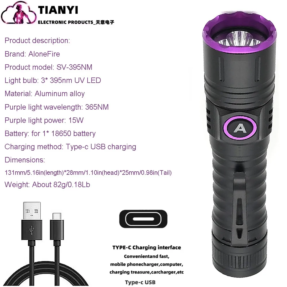 UV Black Light Flashlight - Rechargeable Type-c USB  Light, Powerful Mini UV LED Black Light Flashlight,Detector