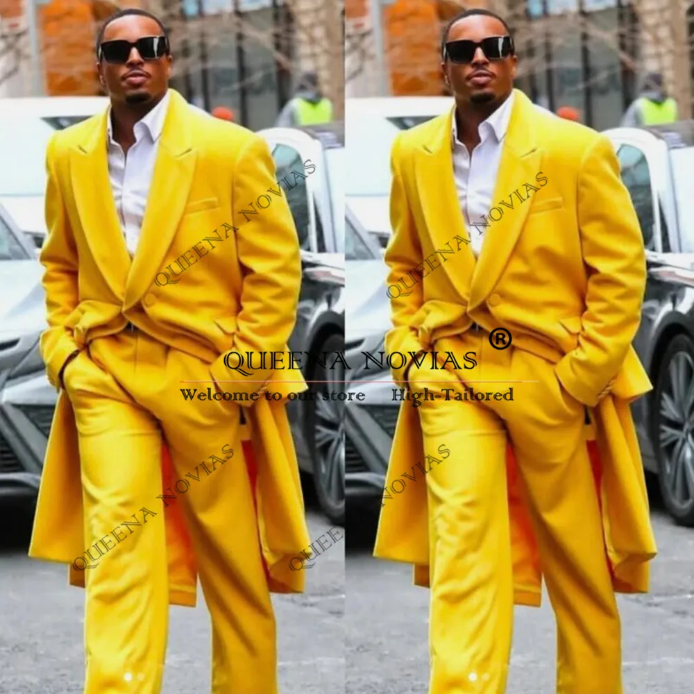 

Classic Solid Suits Men Long Customized Man Daily Business Single Breasted Jacket Pants 2 Pieces Groom Banquet Evening Tuxedos