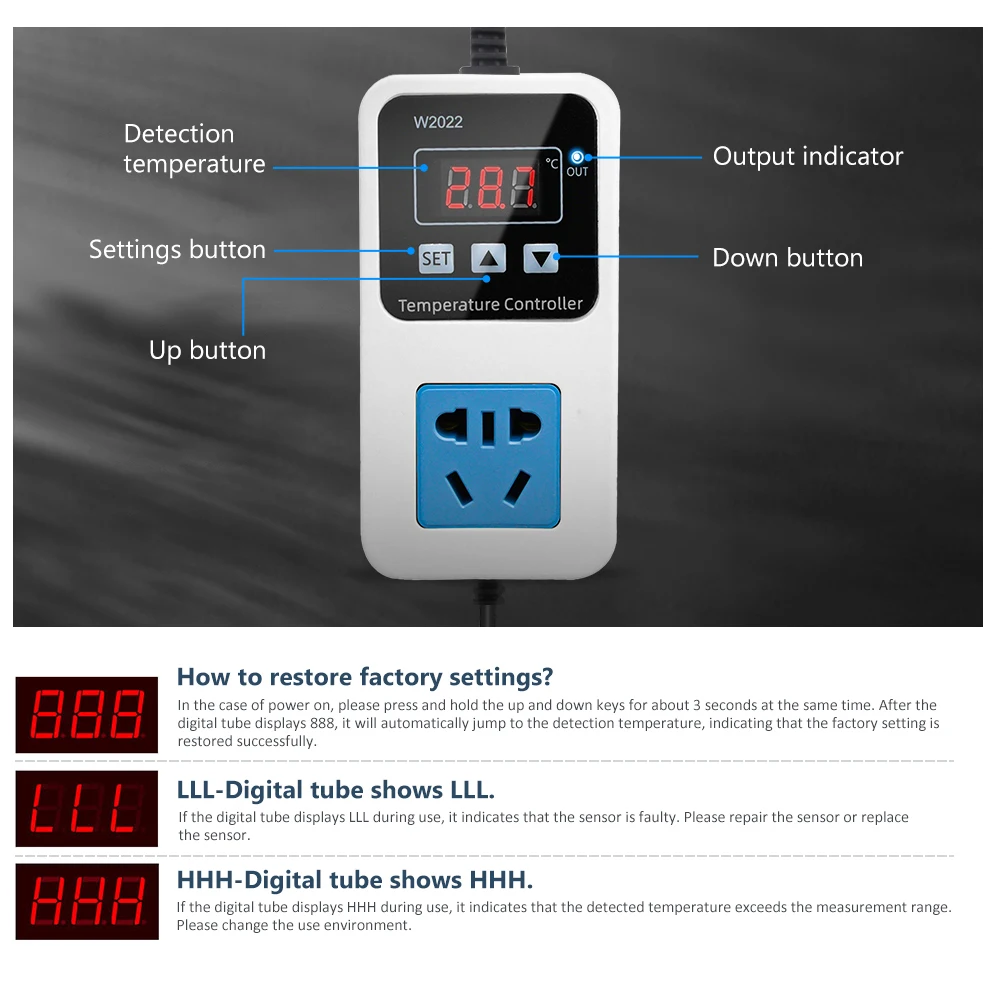 AC110V 220V W2022 Temperature Controller Thermostat Greenhouse Temperature Controller with High Precision NTC Sensor LCD Display