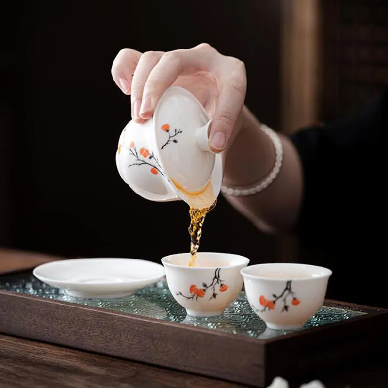 White Porcelain Persimmon Pattern Kungfu Tea Cups Sancai Gaiwan Tea Tureen Tea Bowl Household Kitchen Teaware