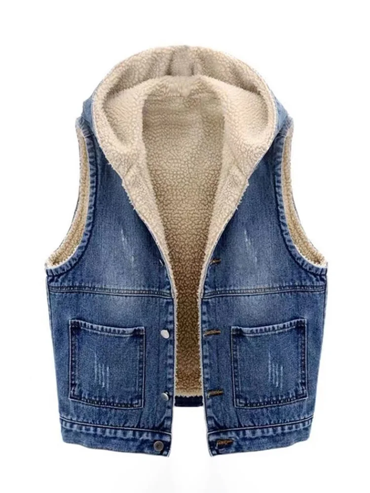 

Женский джинсовый жилет с капюшоном, куртка без рукавов на овчиной, короткое стеганое пальто зимы 2025 года