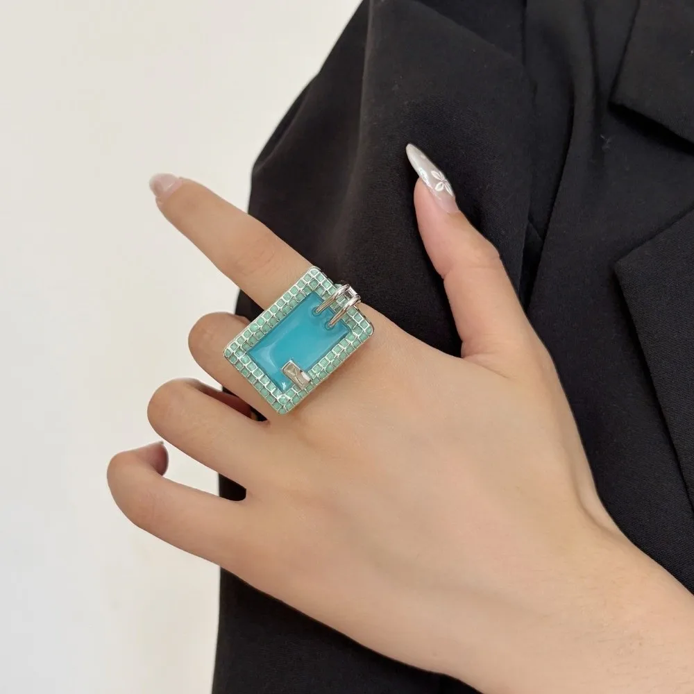New Color Checkered Swimming Pool Ring Sweet Style Ins Style Exaggerated Ring Mini Cool Design Wide Version Ring American Style