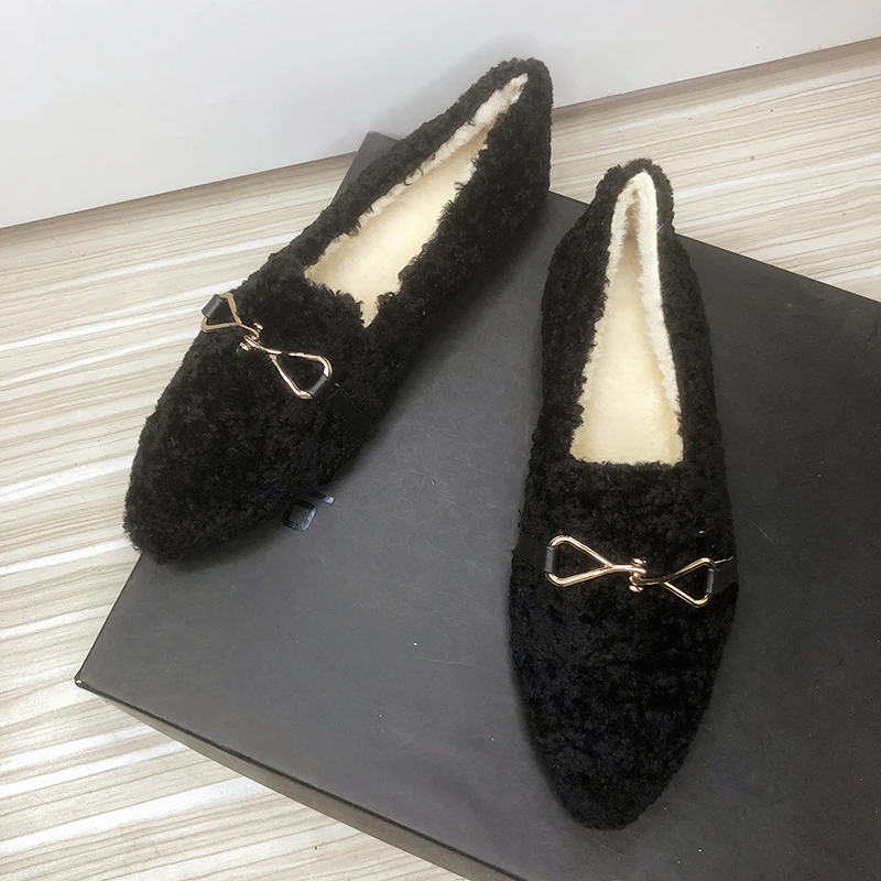 Furry Flats for Girls Women Black Fur Shoes Pointed Toe Plush Lined Flat Heel Winter Autumn No Lace Slip on Loafers Size 33-44