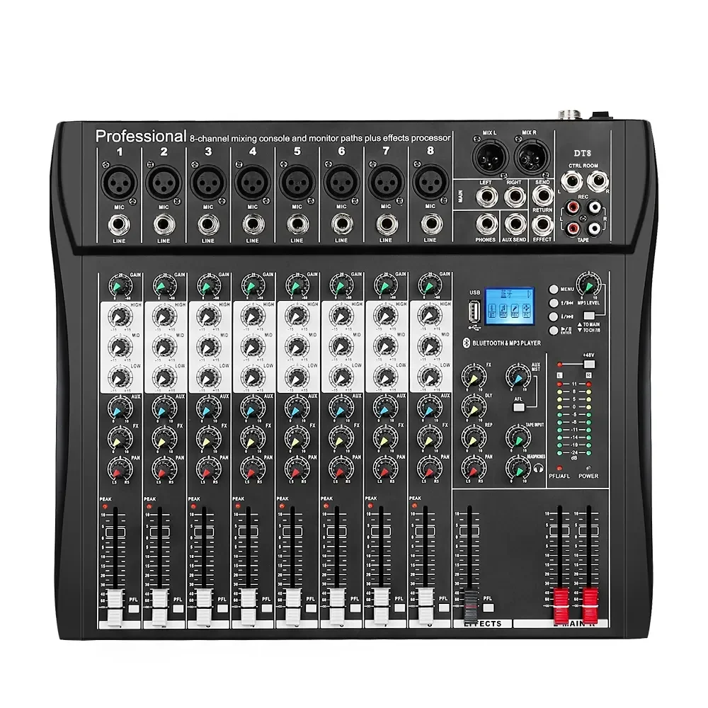 DT8 Professional DJ Mixing Audio Mixer 8 Channel USB Input 48V Performance Active
