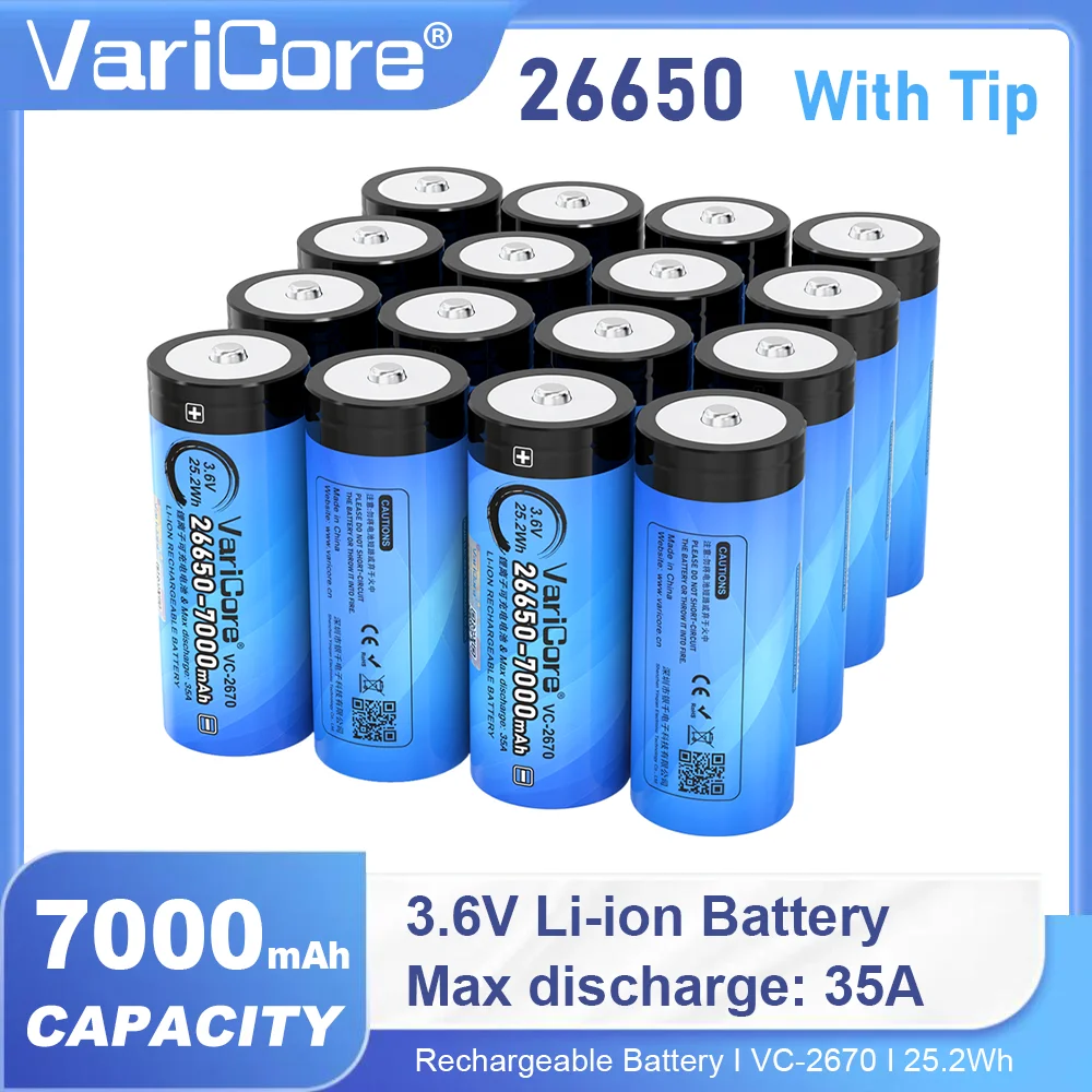 

Литиевая перезаряжаемая батарея VariCore 3.7V 7000mA 26650 с разрядкой 35А и разъемом (без платы защиты) для мощных фонарей и налобных фар