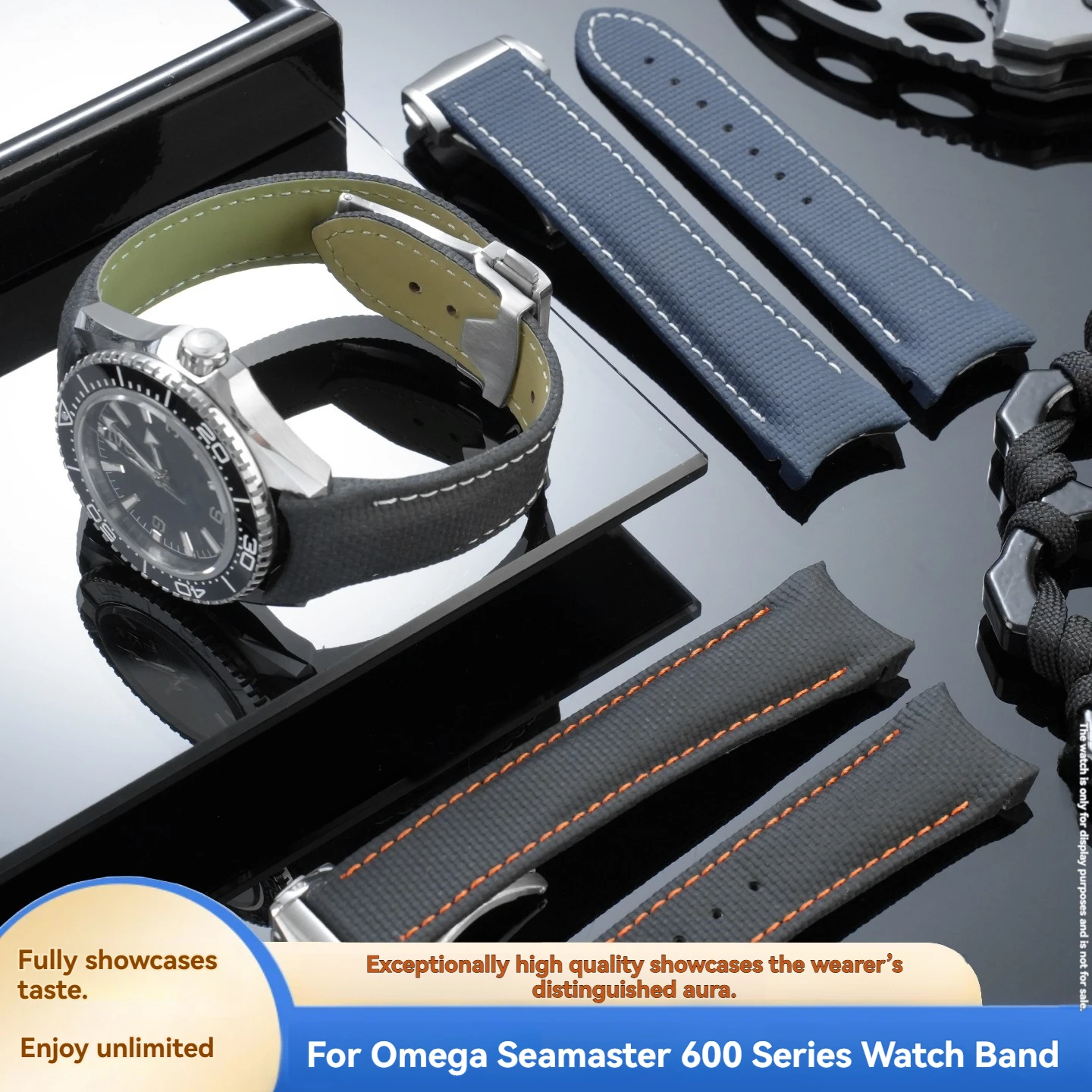 For Omega Seamaster 600 Series, Fluoroelastomer Top & Leather Back Strap with Curved Ends, 21mm Replacement Watch Band