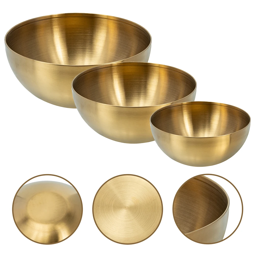 

3pcs Salad Bowl Set 15cm 20cm 25cm Golden Stainless Steel Fruit Serving Bowl Kitchen Noodle Daily Use Household