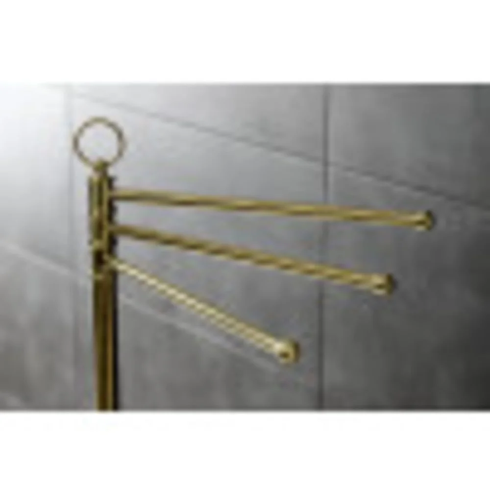 Vintage Freestanding Towel Rack Brushed Brass Three Bar Holder Rust Resistant Bathroom Accessory 40.75 Inch Durable Design