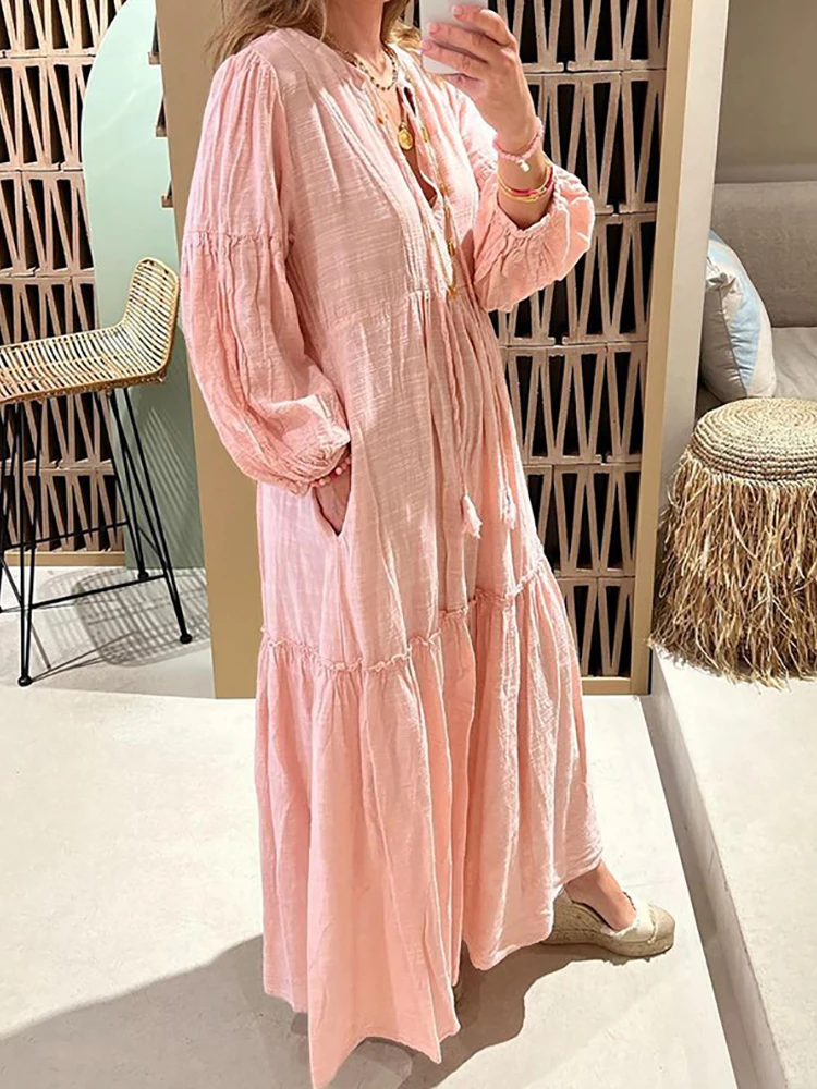 Loose V Neck Patchwork Ruffles Bohemian Dress Women Elegant Holiday Pink Maxi Dress Lantern Sleeve Chic Female Party Club Dress