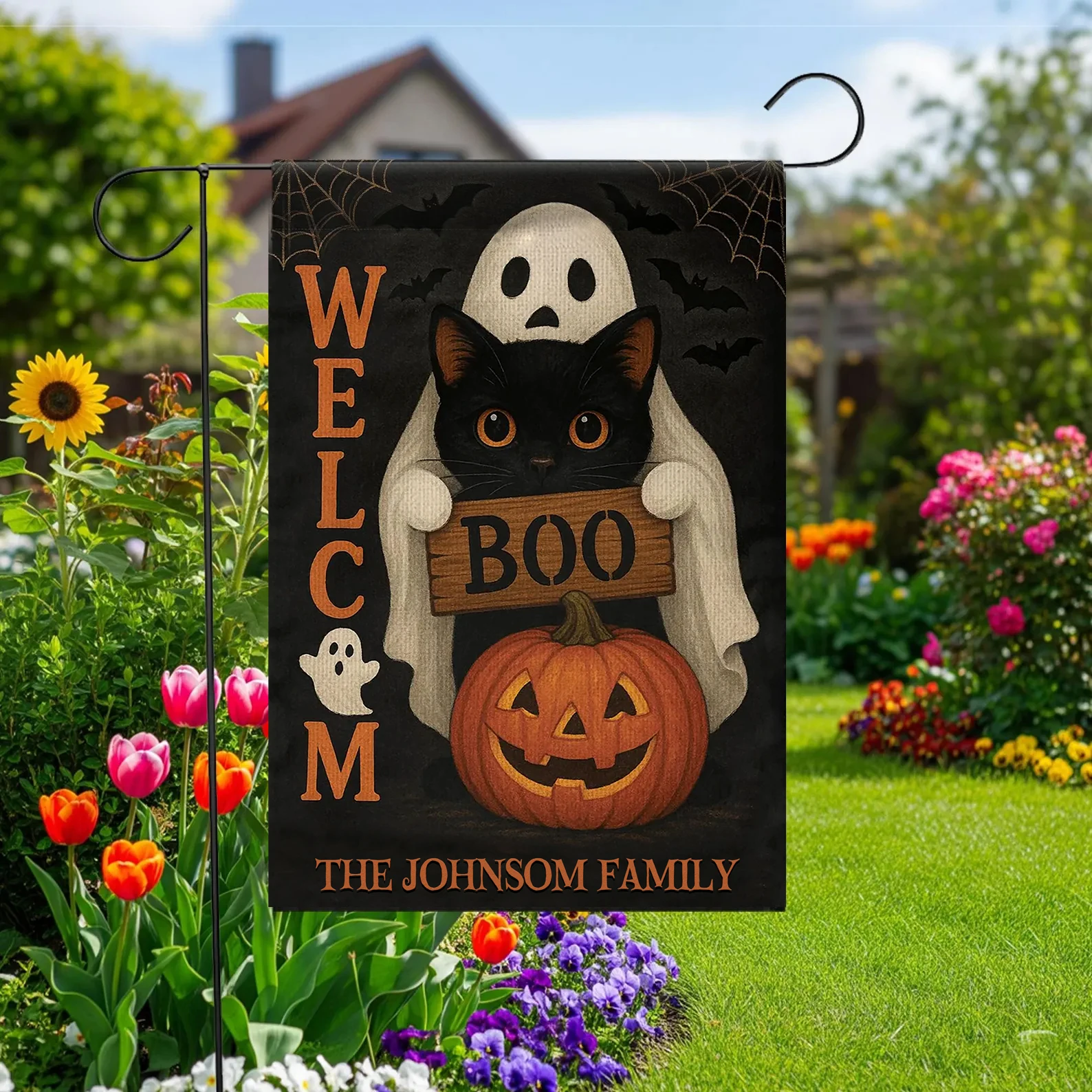 Personalized Halloween Garden Flag Custom Family Name Flag Outdoor Banner Personalized Flags Double Sided BOO Pumpkin Decor