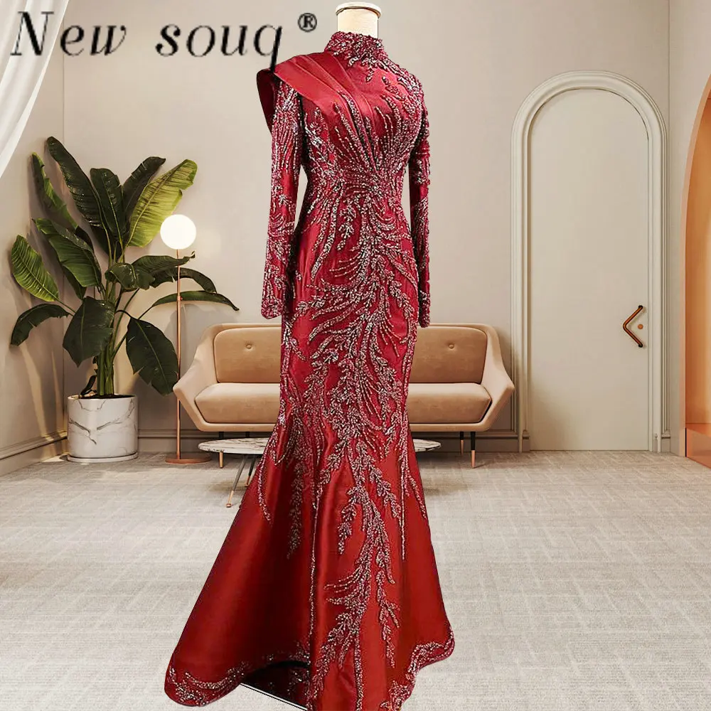 فساتين سهرة حورية البحر الإسلامية بأكمام طويلة مطرزة باللون العنابي مع ذيل قابل للانفصال في الشرق الأوسط ورقبة عالية فساتين حفلات رسمية للنساء