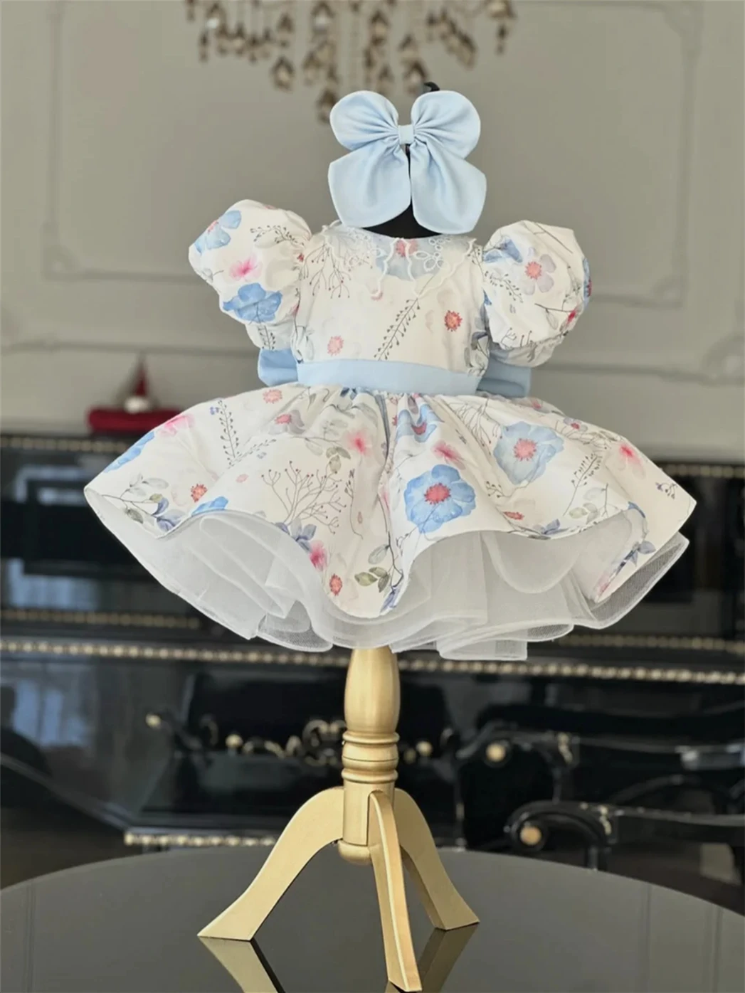 Customized Blue Flower Girl Dress For Wedding Appliques Bow Short Sleeve Knee Length Kids Birthday Party First Communion Gown