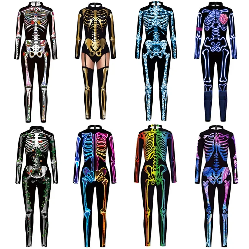 Szkielet Cos duch przebranie na karnawał kombinezon na Halloween karnawał Zentai elastan Catsuit body z długim rękawem fantazyjny kombinezon unisex