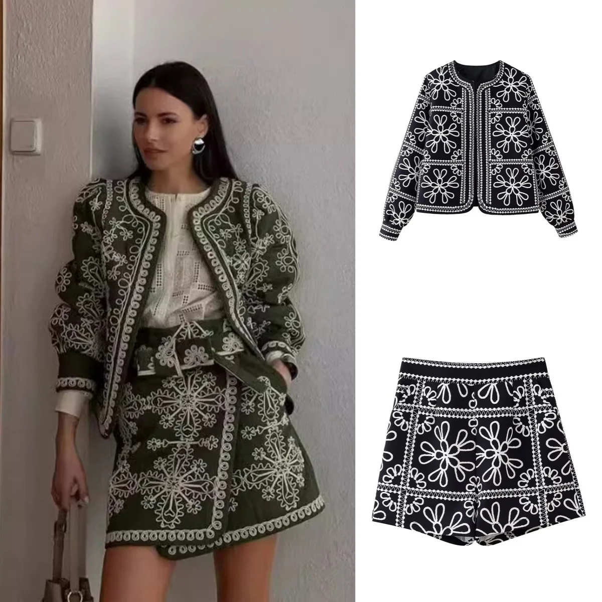 

Street Printed Jacket Short Skirt Set Women Loose Round Neck Cardigan A-Line Short Skirt Women's Set 2025 Spring Fashion Women's