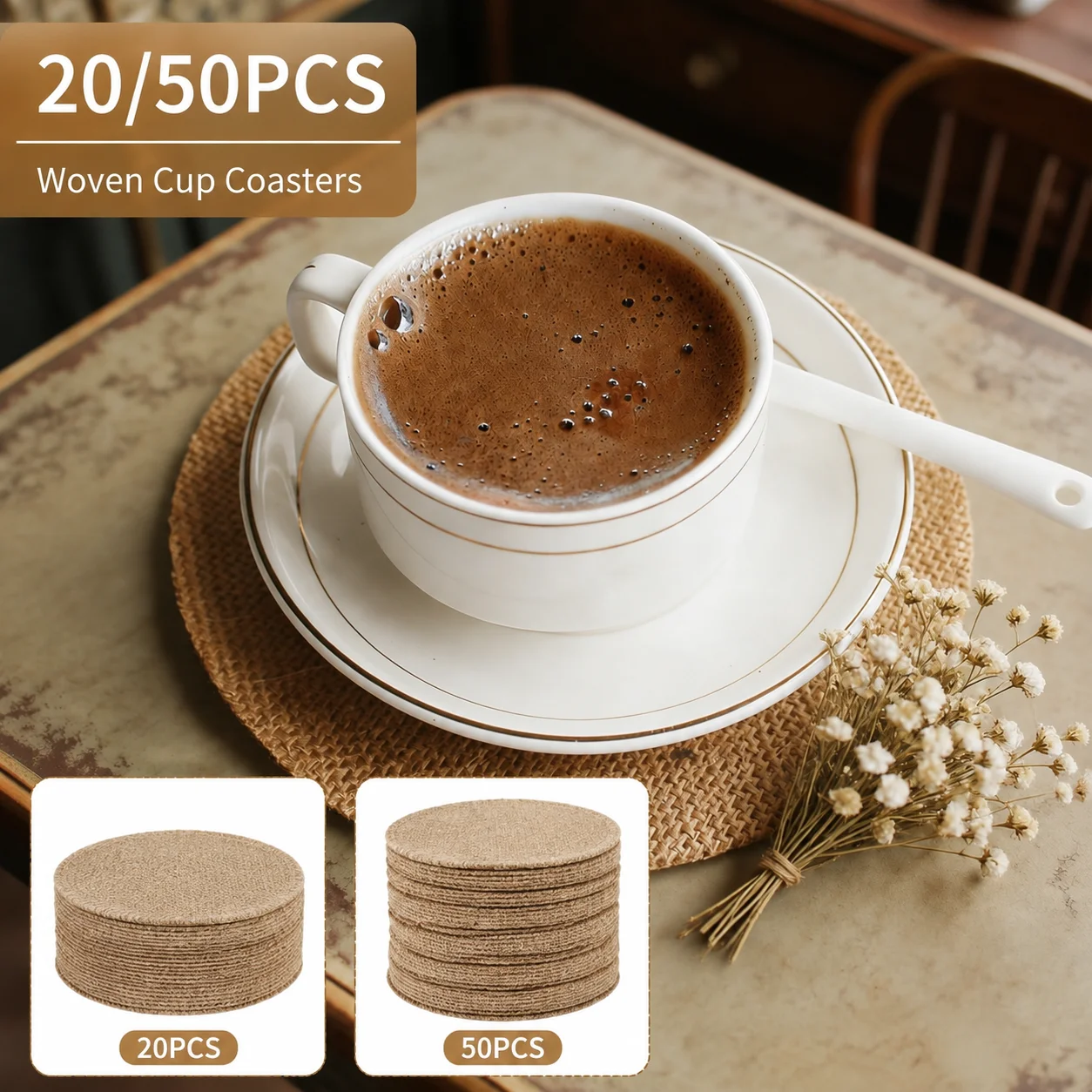 20/50pcs primary color jute round coasters, thick and wear-resistant, cafe desktop decoration, parties.