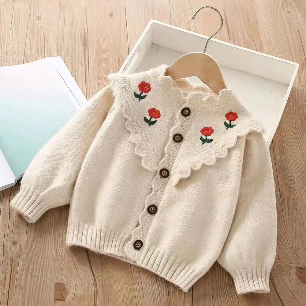 

Girls' Sweater Autumn/Winter New Korean Baby Girl Embroidered Flower Western Style Knitted Lace Children's cardigan