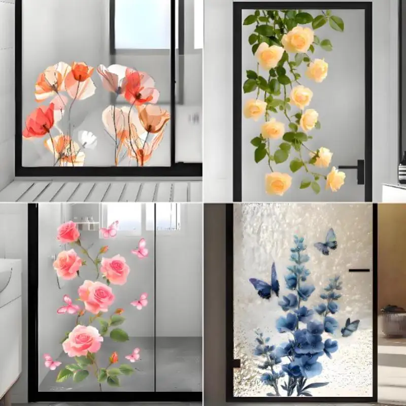 Removable Rose Glass Stickers for Bathroom Door Adhesive Elegant Flower Home Window Privacy Decor view 4