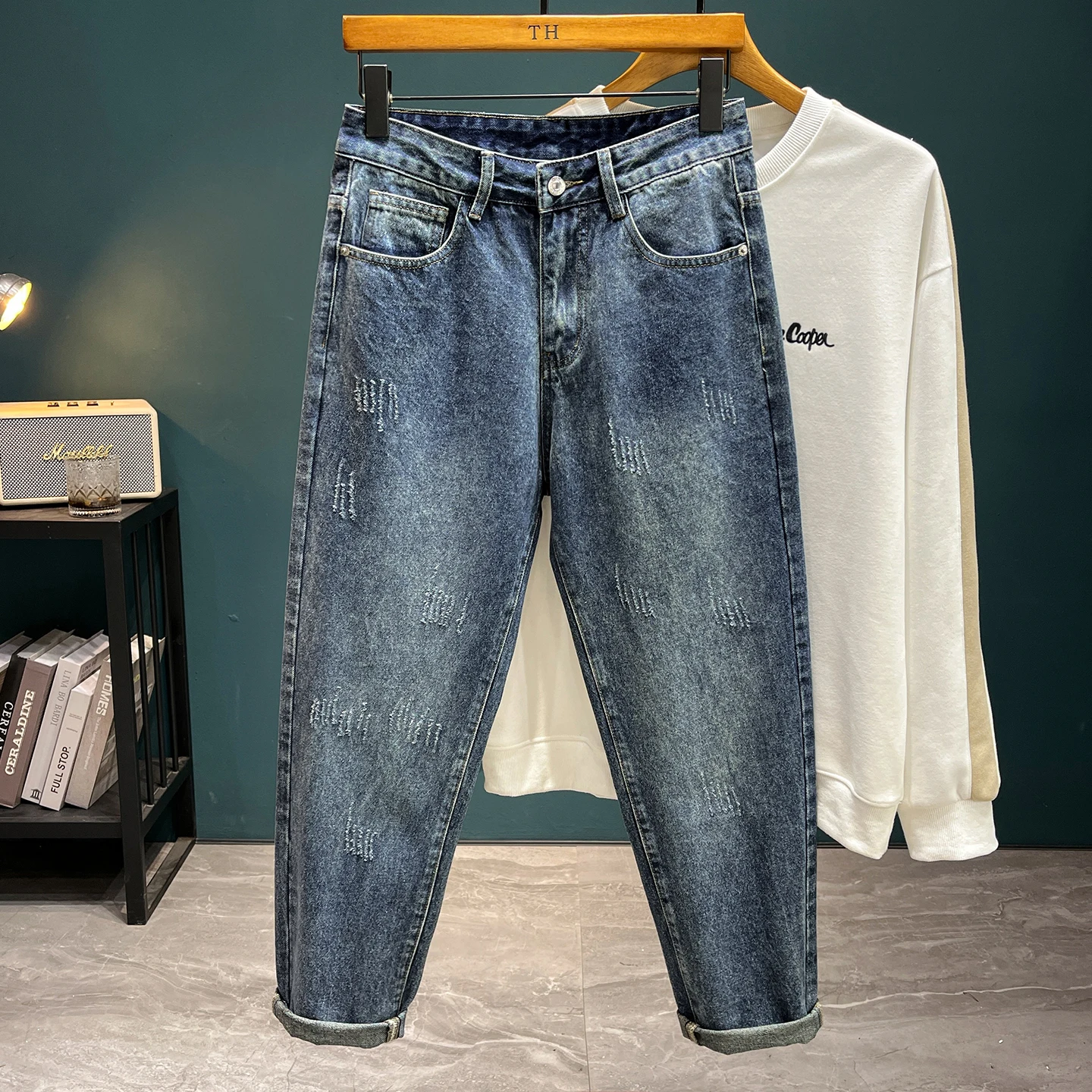 28-42 Large Size 100% Cotton Loose Men's Tapered Jeans Autumn New American Retro Scratched Harem Pants Non-elastic Carrot Pants