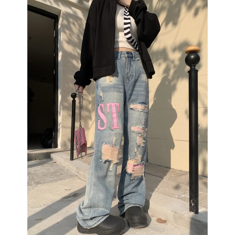 

Blue Jeans Women High Quality American Wide Leg Pants Embroidery Y2K Hip Hop Vintage Female 2024 NEW Autumn Straight Trouser