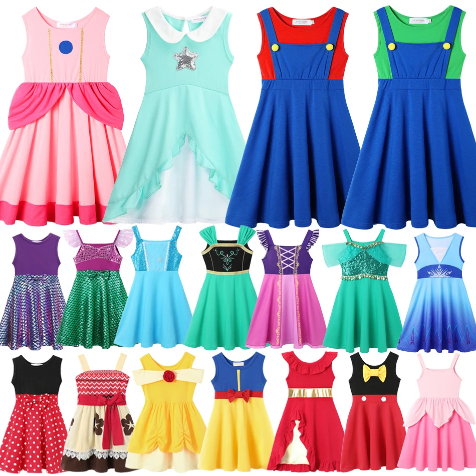 

Summer Toddler Girl Casual Dress Baby Kids Sleeveless Princess Peach Rosalina Dress Cute Mermaid Elsa Anna Belle Rapunzel Clothe