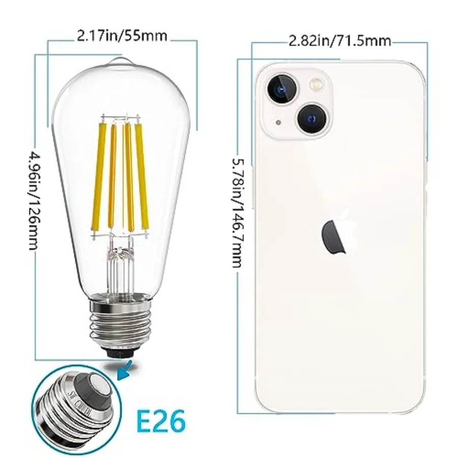 ST58/ST18, LED Filament Light Bulbs, 3CCT, 2700K/4000K/5000K, High Brightness, 7W, 60 W Equivalent, Classic Clear Glass, E26, 4 view 2