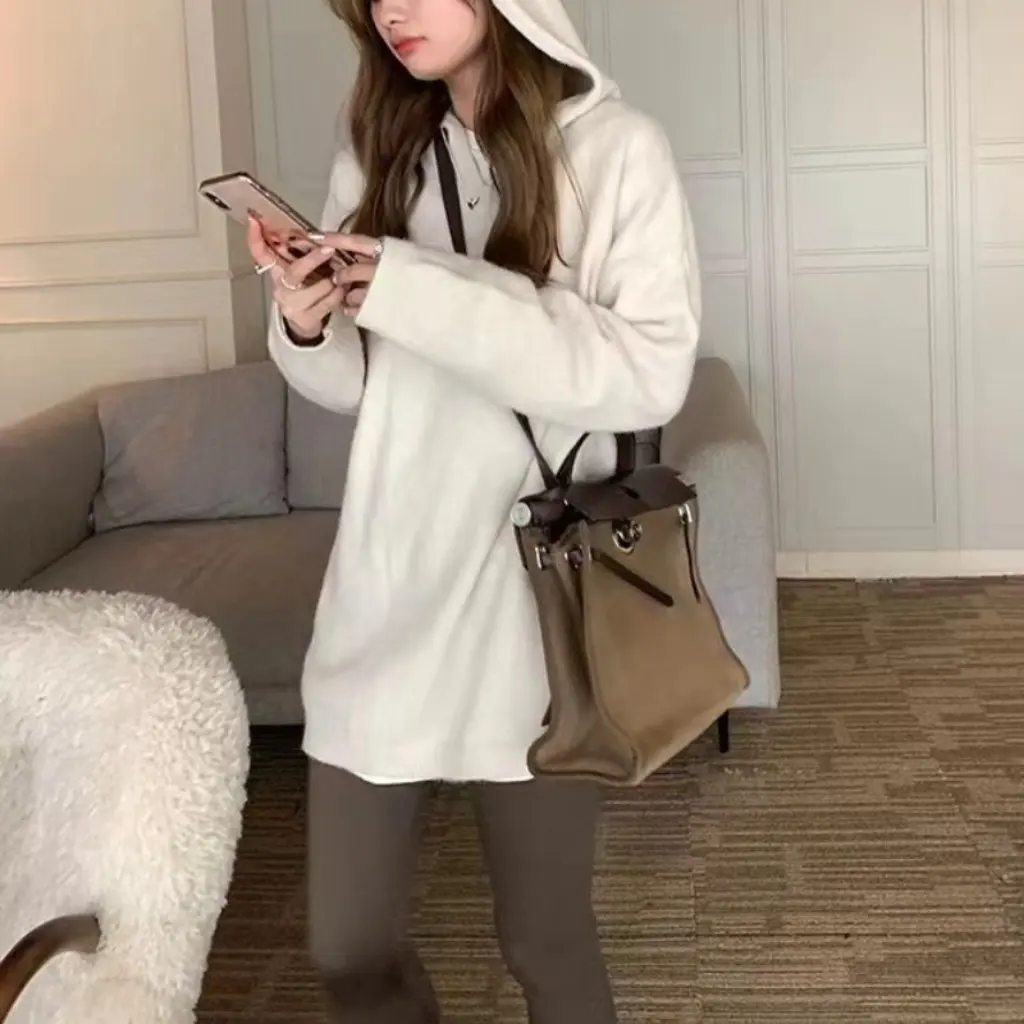 

Women's Hooded Knitwear Soft Waxy Pure Color Japanese Style Simple Lazy Innerwear for Autumn Winter Outerwear